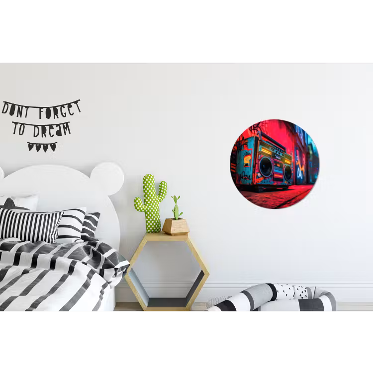 Boombox - Rood - Graffiti - Neon Wandcirkel aluminium klein -kinderkamer