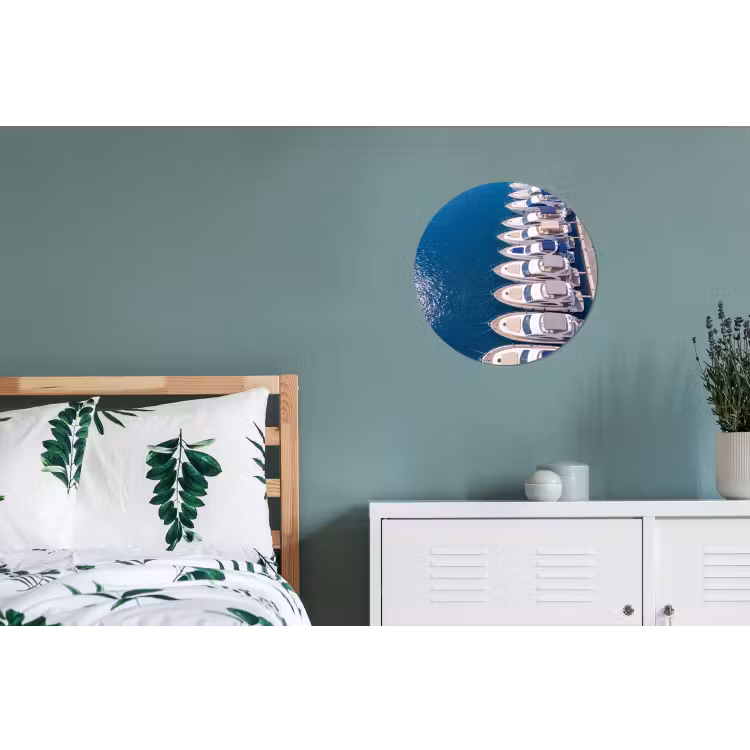 Boot - Jachthaven - Water - Zomer - Blauw Wandcirkel aluminium klein -slaapkamer