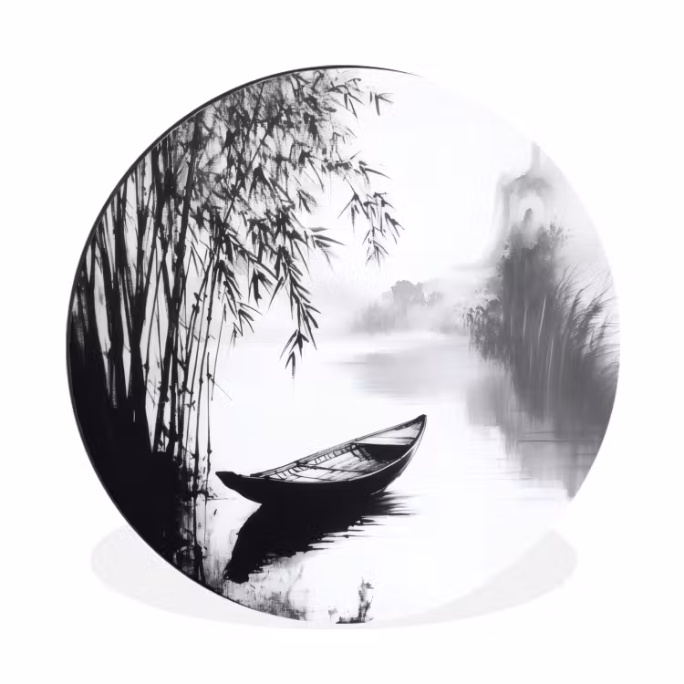 Boot - Rivier - Bamboe - Wit Wandcirkel aluminium klein -3d