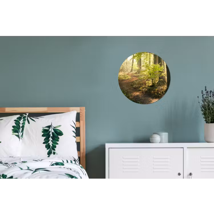 Bos - Bomen - Pad - Zon - Planten - Bladeren - Natuur Wandcirkel aluminium klein -slaapkamer