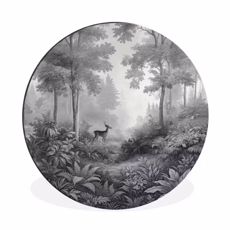 Bos - Hert - Zwart - Wit Wandcirkel aluminium klein -3d