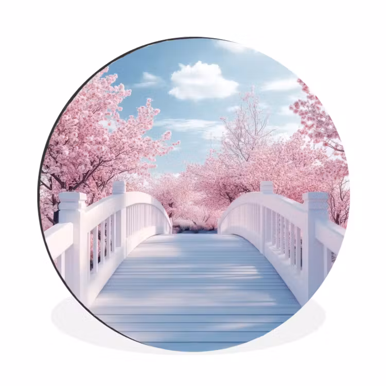 Brug - Kersenbomen - Wit Wandcirkel aluminium klein -3d