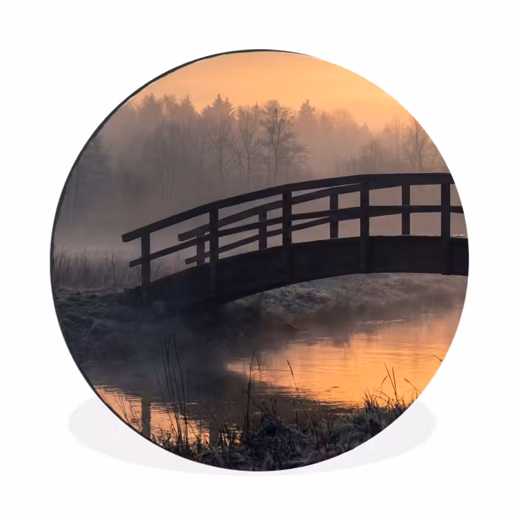 Brug - Mist - Bomen - Water Wandcirkel aluminium klein -3d