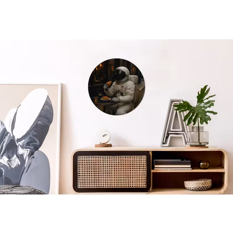Café - Croissant - Koffie - Astronaut Wandcirkel aluminium klein -kantoor