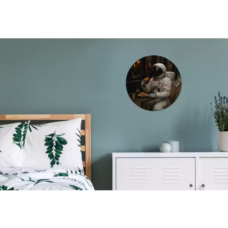 Café - Croissant - Koffie - Astronaut Wandcirkel aluminium klein -slaapkamer