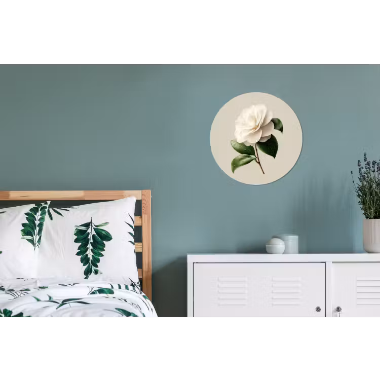 Cameliabloem - Wit - Groen Wandcirkel aluminium klein -slaapkamer