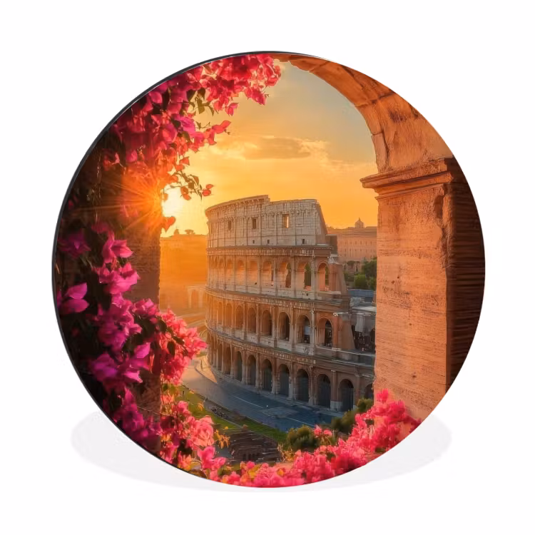 Colosseum - Rome - Roze Bloemen Wandcirkel aluminium klein -3d