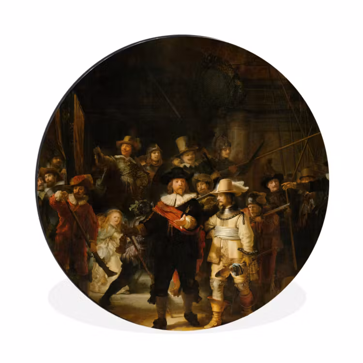 De Nachtwacht - Schilderij van Rembrandt van Rijn Wandcirkel aluminium klein -3d