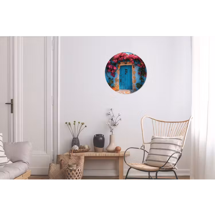 Deur - Hout - Bloemen - Blauw Wandcirkel aluminium klein -woonkamer