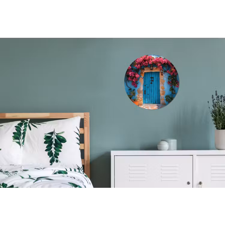 Deur - Hout - Bloemen - Blauw Wandcirkel aluminium klein -slaapkamer