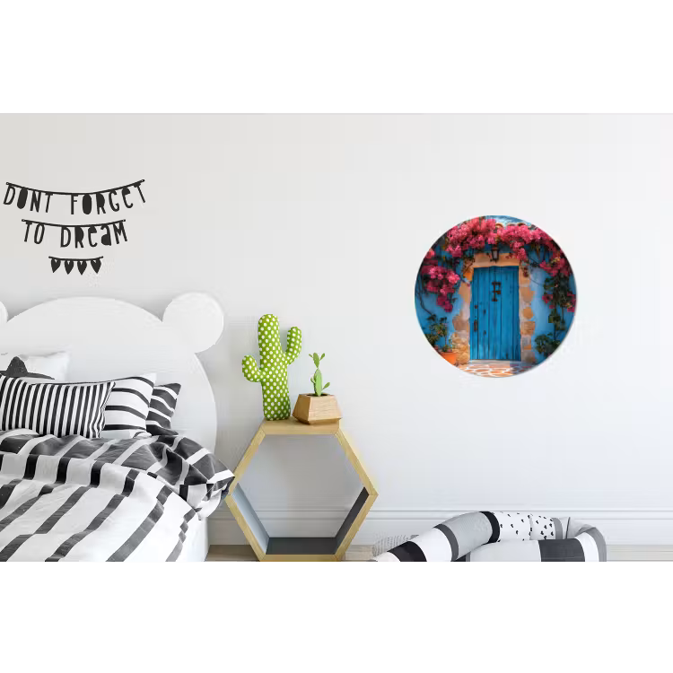 Deur - Hout - Bloemen - Blauw Wandcirkel aluminium klein -kinderkamer
