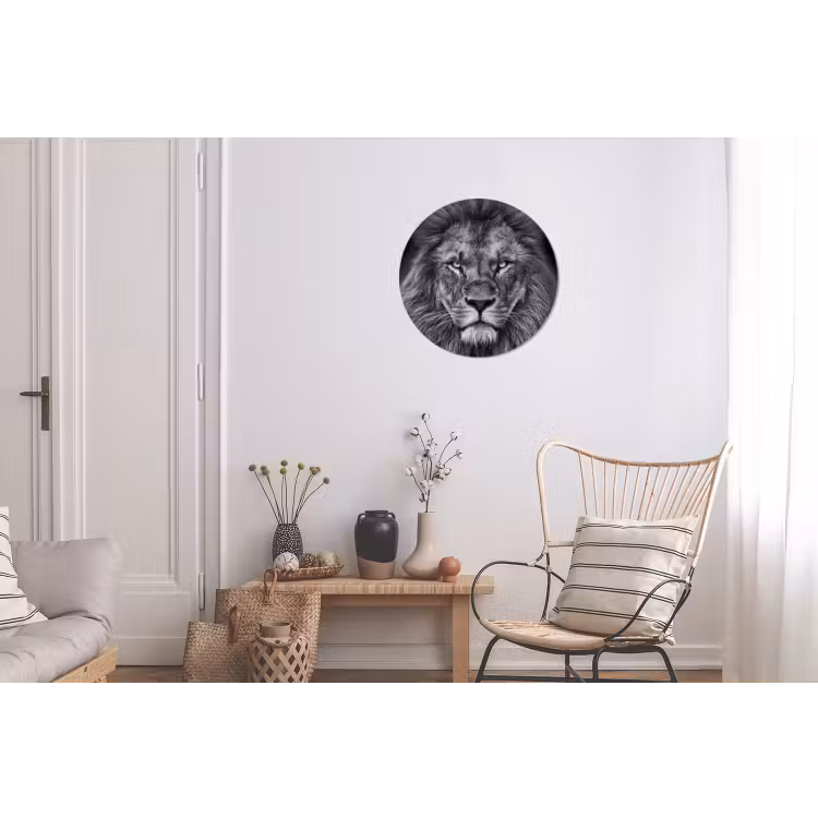 Dieren - Leeuw - Zwart - Wit - Portret Wandcirkel aluminium klein -woonkamer