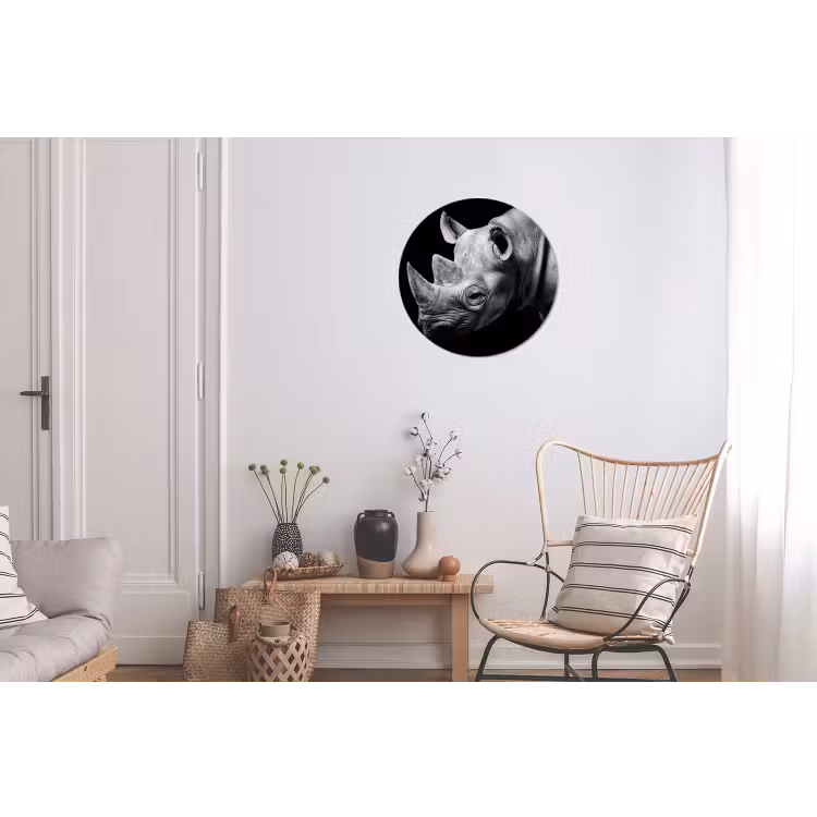 Dieren - Neushoorn - Zwart - Wit - Portret Wandcirkel aluminium klein -woonkamer