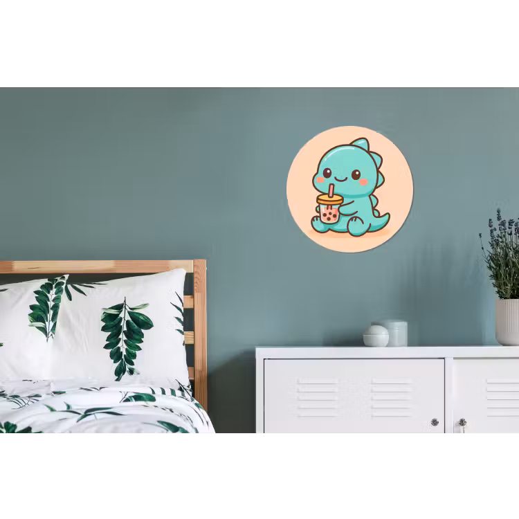 Dino - Boba - kawaii - Oranje Wandcirkel aluminium klein -slaapkamer
