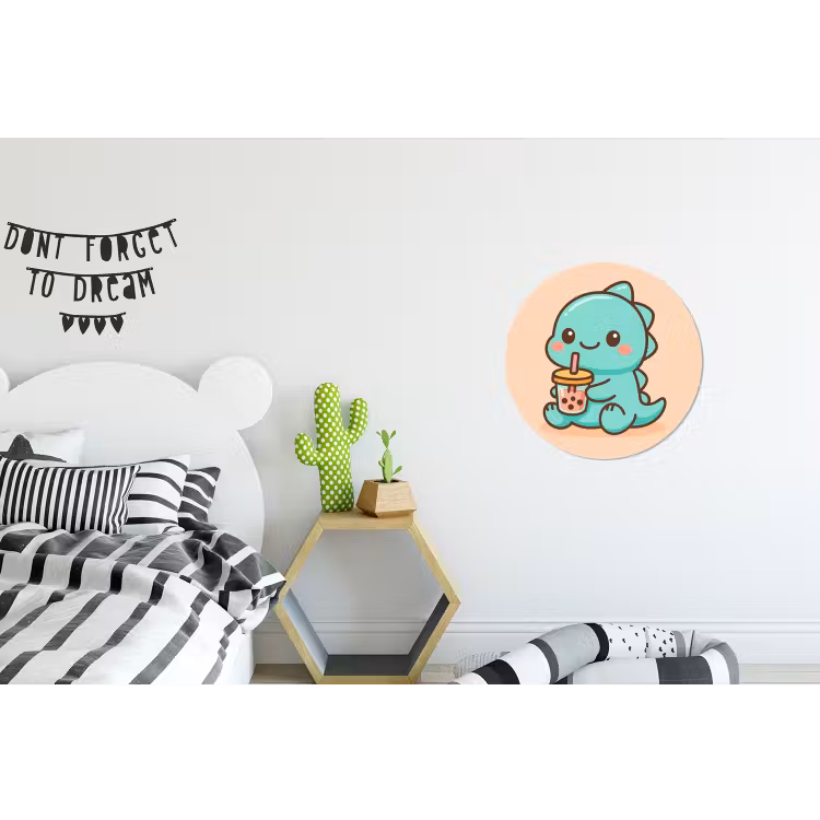 Dino - Boba - kawaii - Oranje Wandcirkel aluminium klein -kinderkamer