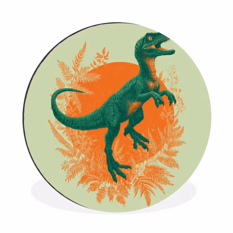 Dinosaurus - Groen - Planten - Cirkel Wandcirkel aluminium klein -3d