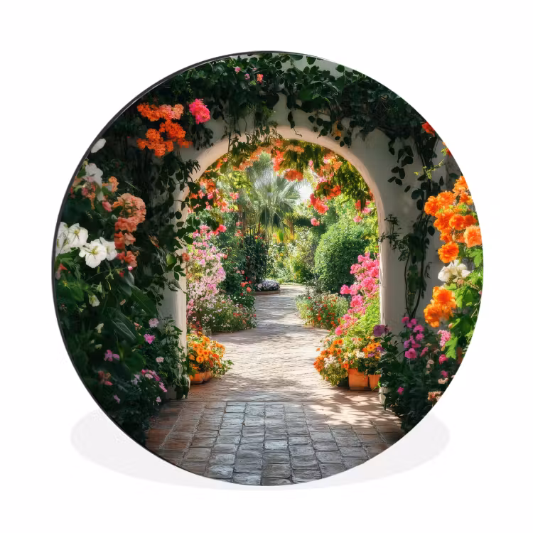 Doorkijk - Bloemen - Natuur - Bloementuin Wandcirkel aluminium klein -3d