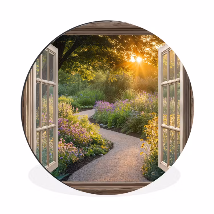 Doorkijk - Bloemen - Natuur - Zon - Pad Wandcirkel aluminium klein -3d