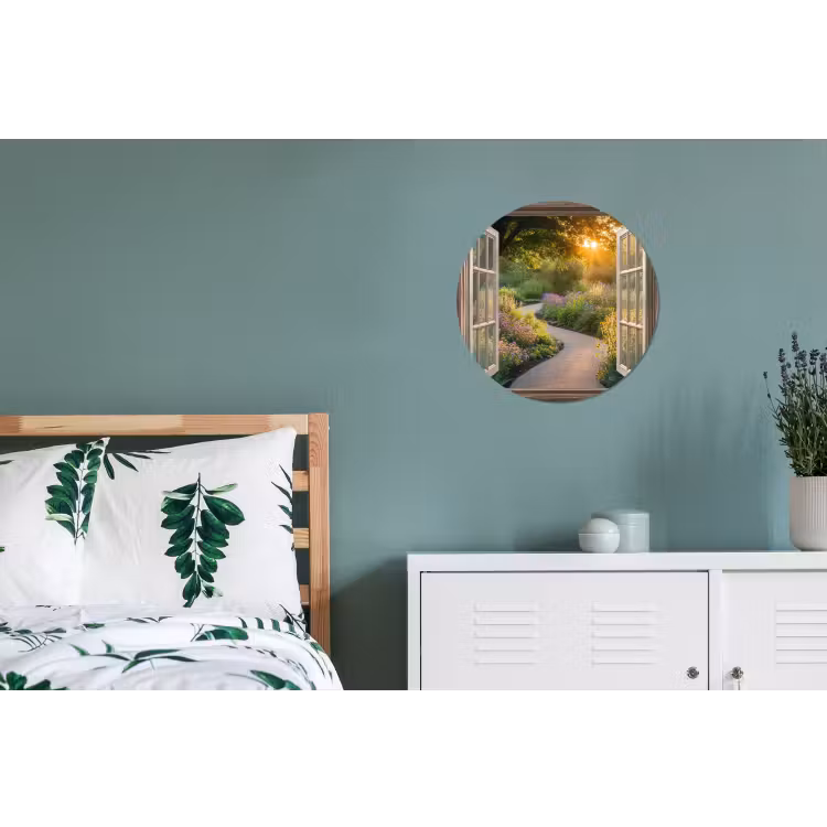 Doorkijk - Bloemen - Natuur - Zon - Pad Wandcirkel aluminium klein -slaapkamer