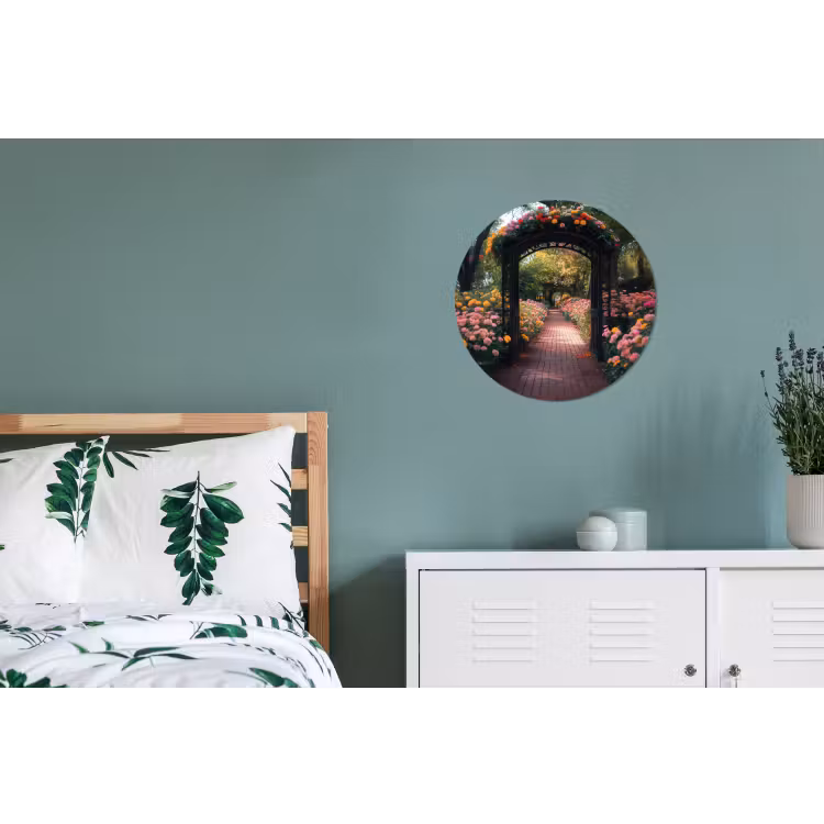 Doorkijk - Bloemen - Pad - Natuur - Kleurrijk Wandcirkel aluminium klein -slaapkamer