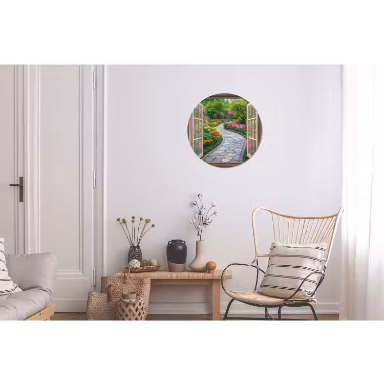 Doorkijk - Bloemen - Tuinpad - Natuur - Raam Wandcirkel aluminium klein -woonkamer
