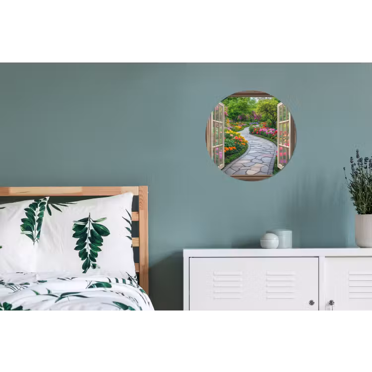 Doorkijk - Bloemen - Tuinpad - Natuur - Raam Wandcirkel aluminium klein -slaapkamer