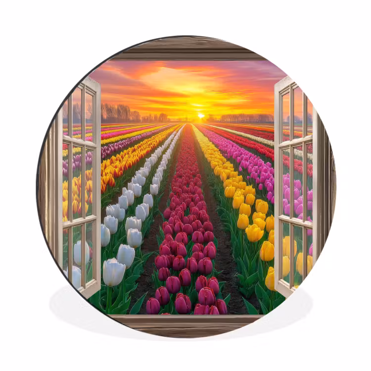Doorkijk - Bloemen - Tulpen - Kleurrijk - Zonsondergang Wandcirkel aluminium klein -3d