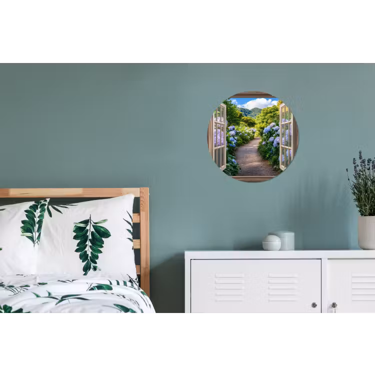 Doorkijk - Hortensia - Pad - Natuur Wandcirkel aluminium klein -slaapkamer