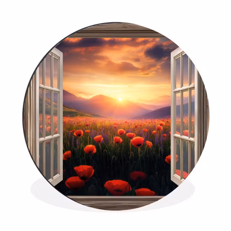 Doorkijk - Klaprozen - Bloemen - Rood - Open raam Wandcirkel aluminium klein -3d