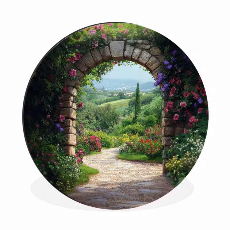 Doorkijk - Landschap - Bloemen - Pad - Uitzicht Wandcirkel aluminium klein -3d