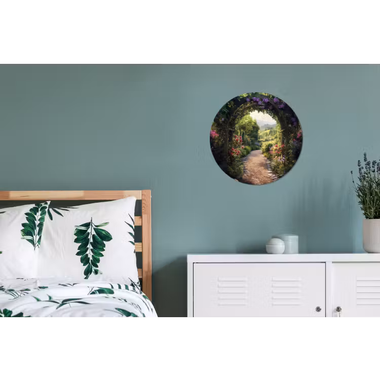 Doorkijk - Landschap - Bloemen - Tuinboog - Natuur Wandcirkel aluminium klein -slaapkamer