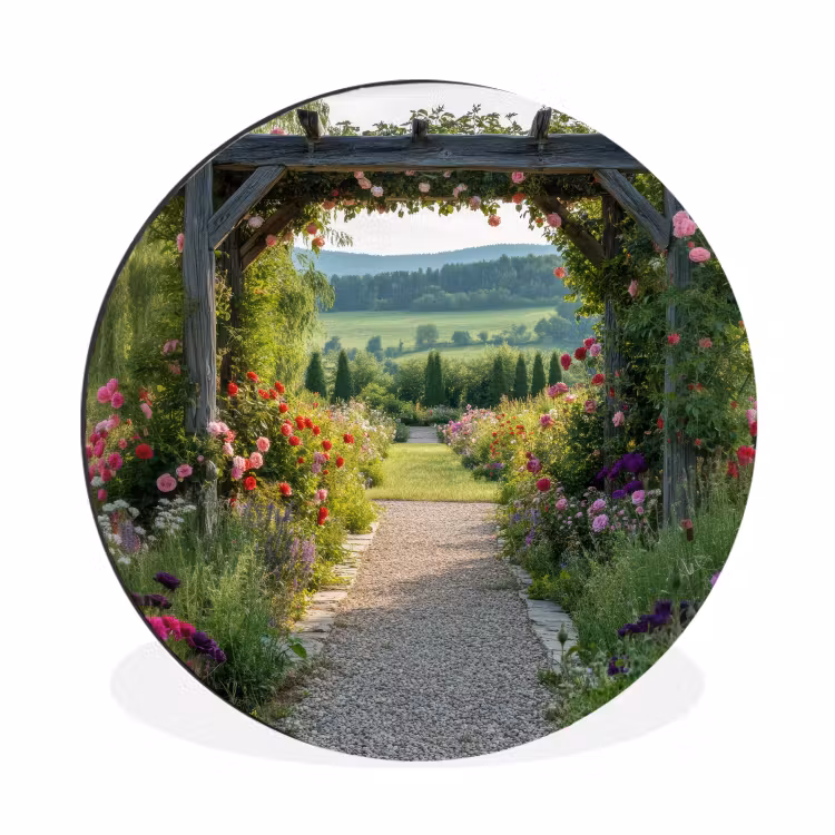 Doorkijk - Landschap - Natuur - Tuinboog - Bloemen Wandcirkel aluminium klein -3d