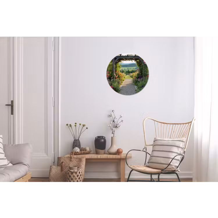 Doorkijk - Landschap - Natuur - Tuinboog - Bloemen Wandcirkel aluminium klein -woonkamer
