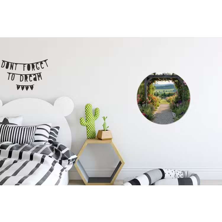 Doorkijk - Landschap - Natuur - Tuinboog - Bloemen Wandcirkel aluminium klein -kinderkamer