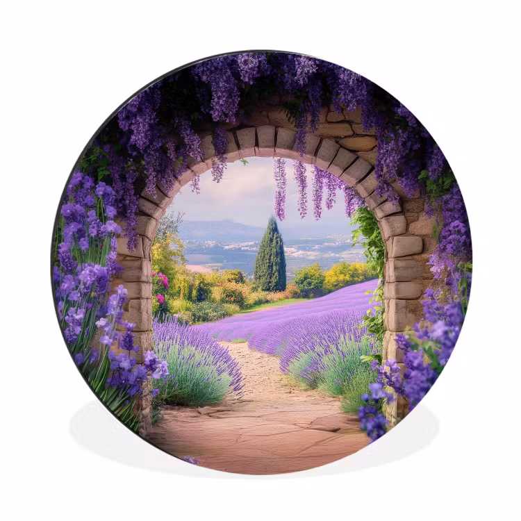 Doorkijk - Lavendel - Bloemen - Paars - Poort Wandcirkel aluminium klein -3d