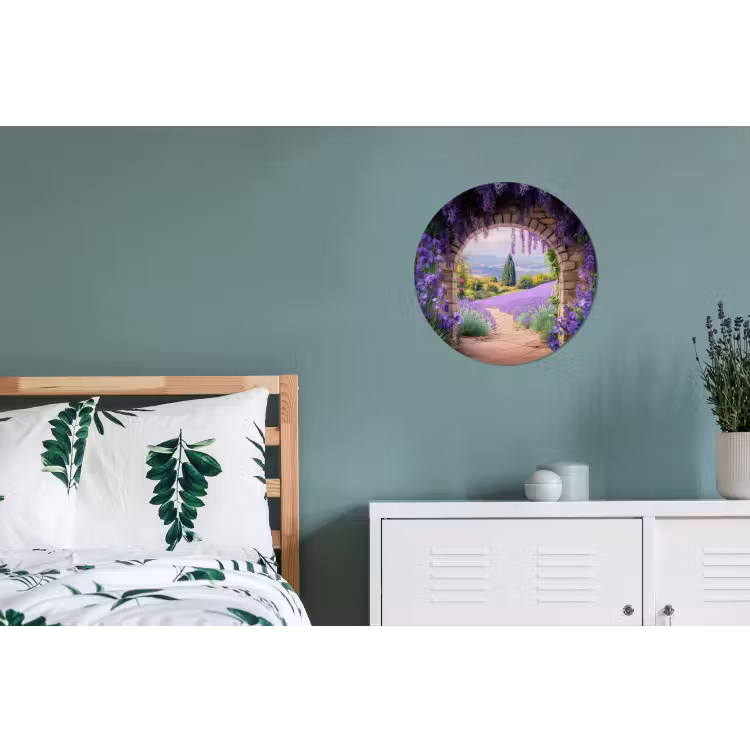 Doorkijk - Lavendel - Bloemen - Paars - Poort Wandcirkel aluminium klein -slaapkamer
