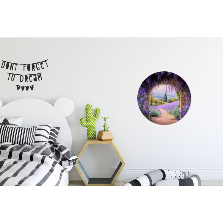 Doorkijk - Lavendel - Bloemen - Paars - Poort Wandcirkel aluminium klein -kinderkamer