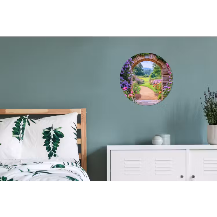 Doorkijk - Poort - Bloemen - Tuin Wandcirkel aluminium klein -slaapkamer