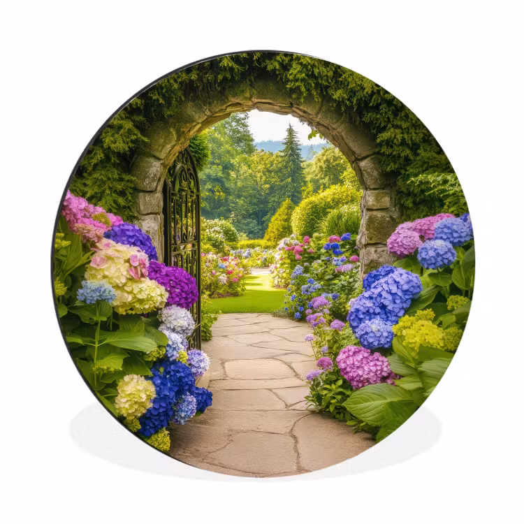 Doorkijk - Poort - Hortensia - Bloementuin Wandcirkel aluminium klein -3d