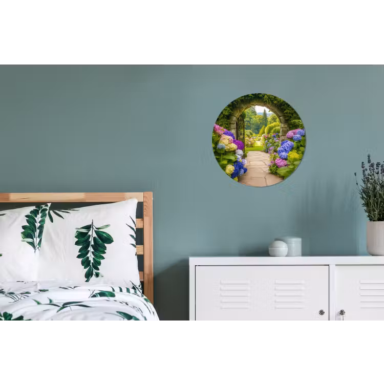 Doorkijk - Poort - Hortensia - Bloementuin Wandcirkel aluminium klein -slaapkamer
