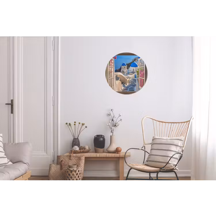 Doorkijk - Santorini - Landschap - Blauw - Grieks Wandcirkel aluminium klein -woonkamer