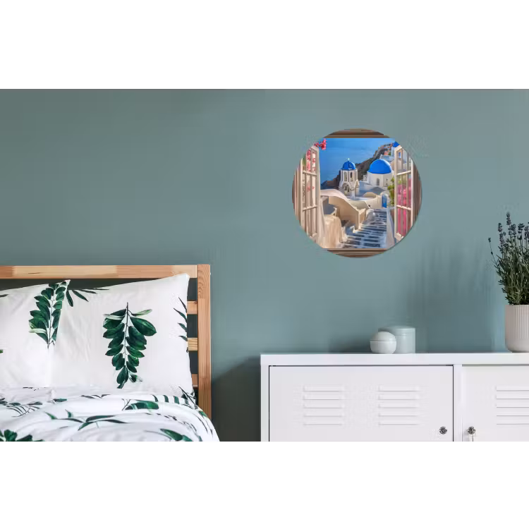 Doorkijk - Santorini - Landschap - Blauw - Grieks Wandcirkel aluminium klein -slaapkamer