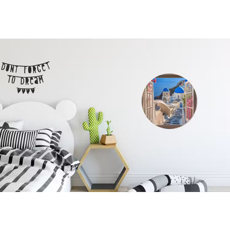 Doorkijk - Santorini - Landschap - Blauw - Grieks Wandcirkel aluminium klein -kinderkamer