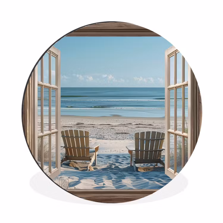 Doorkijk - Strandstoelen - Duinen - Zee - Natuur Wandcirkel aluminium klein -3d