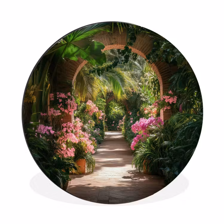 Doorkijk - Tropisch - Bloemen - Natuur Wandcirkel aluminium klein -3d