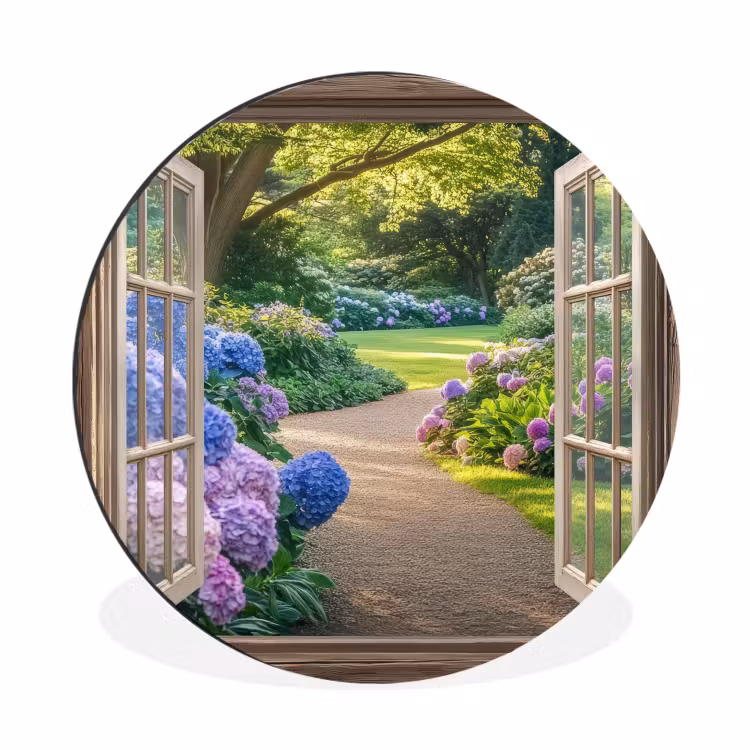 Doorkijk - Tuin - Raam - Hortensia - Bloemen Wandcirkel aluminium klein -3d