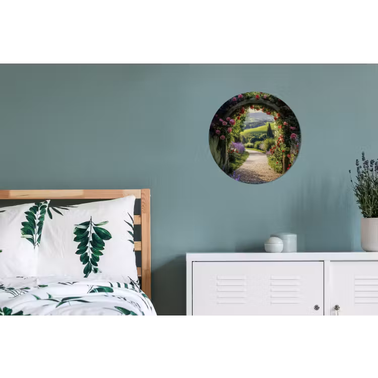 Doorkijk - Tuinboog - Bloemen - Natuur - Pad Wandcirkel aluminium klein -slaapkamer