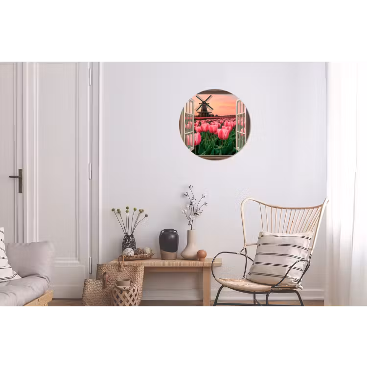 Doorkijk - Tulpen - Bloemen - Molen - Raam Wandcirkel aluminium klein -woonkamer