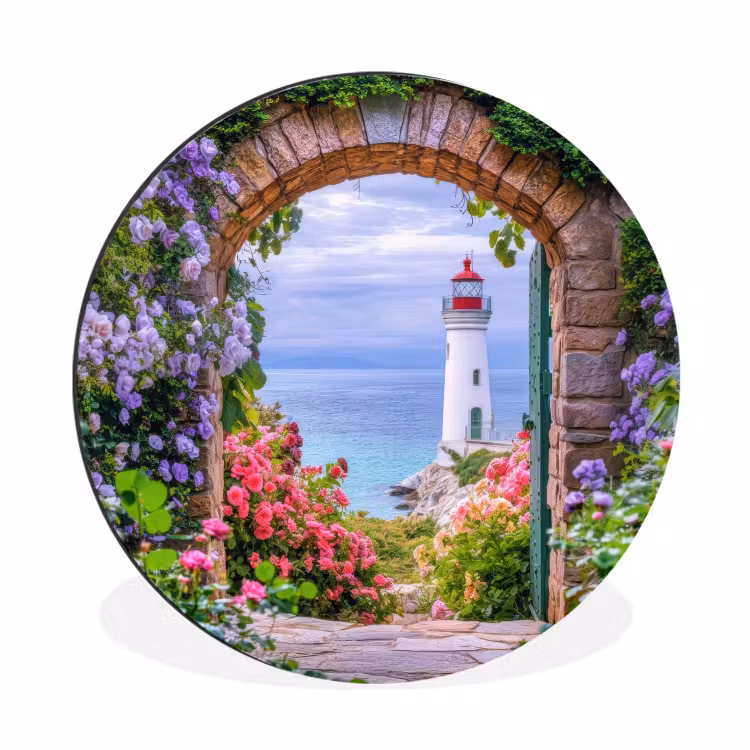 Doorkijk - Vuurtoren - Bloemen - Uitzicht Wandcirkel aluminium klein -3d