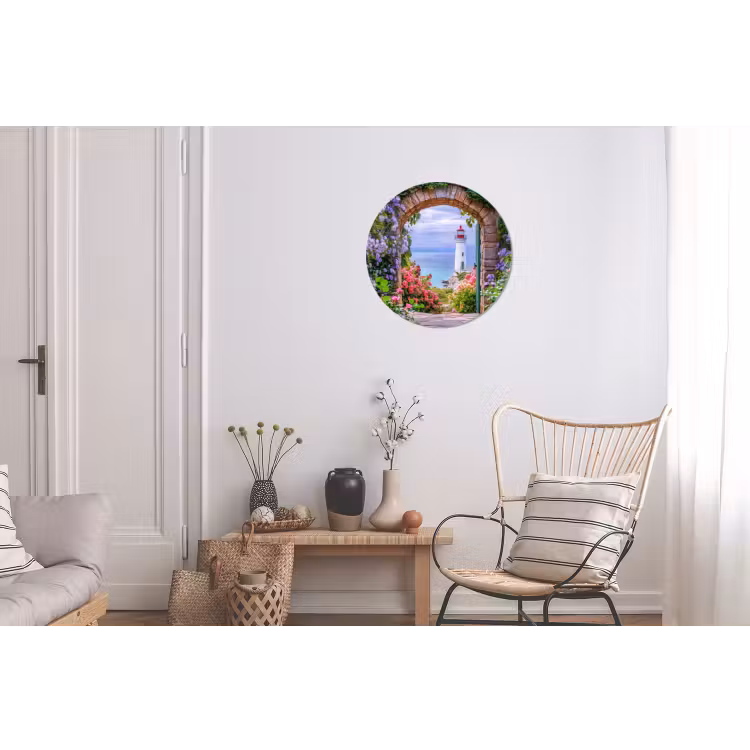 Doorkijk - Vuurtoren - Bloemen - Uitzicht Wandcirkel aluminium klein -woonkamer